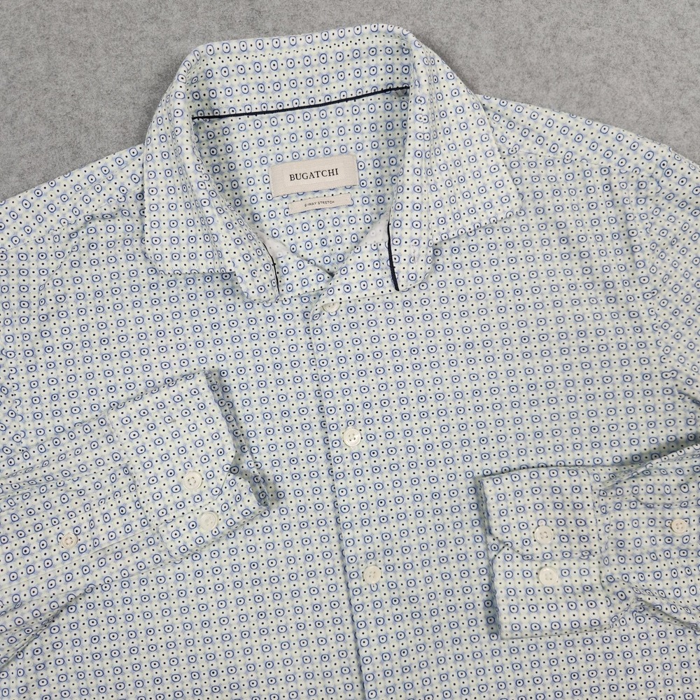 Bugatchi Shirt Mens Medium White Geometric 8 Way Stretch Long Sleeve Button Up